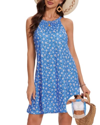 Image of ANYFITTING Summer Dress with Built in Bra Casual Beach Sundress Flowy Halter Mini Short Dresses for Women 2026