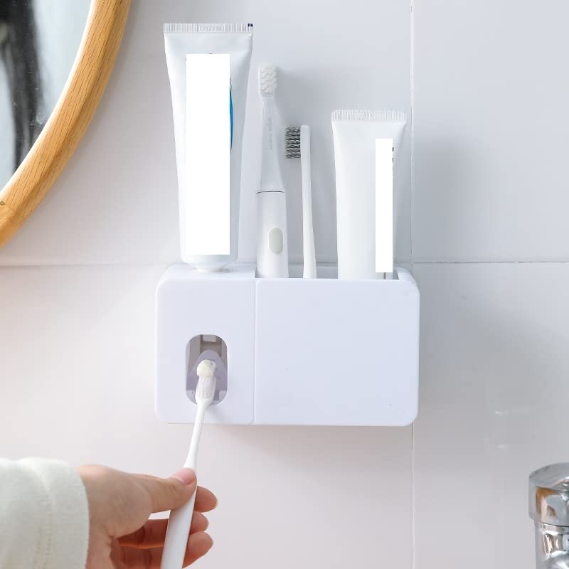 Soporte para cepillo de dientes, dispensador de pasta de dientes 2 en 1 con soporte para cepillo de dientes, soporte de pared, exprimidor automático de pasta de dientes, organizador de baño