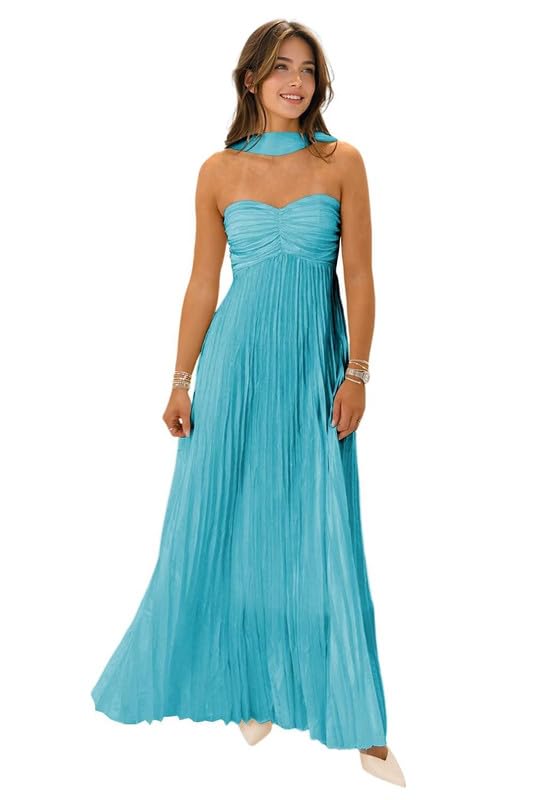 Chiffon Bridesmaid Dresses for Women 2025 Long Formal Dress with Scarf  Ruched Strapless Weddding Guest Dress LS85 0 Aqua Blue at Amazon Women's  Clothing store