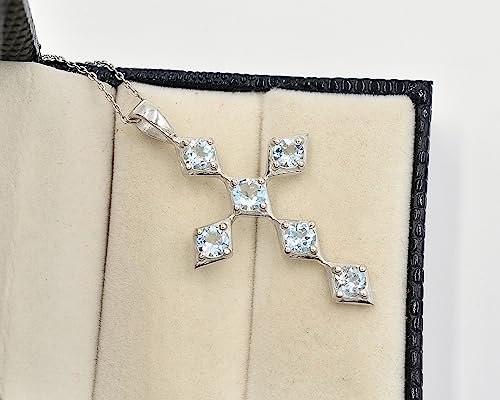 Natural 5 MM Round Aquamarine Gemstone Holy Cross Pendant Necklace 925 Sterling Silver March Birthstone Aquamarine Jewelry Bridal Necklace Gift For Her (PD-8565)4