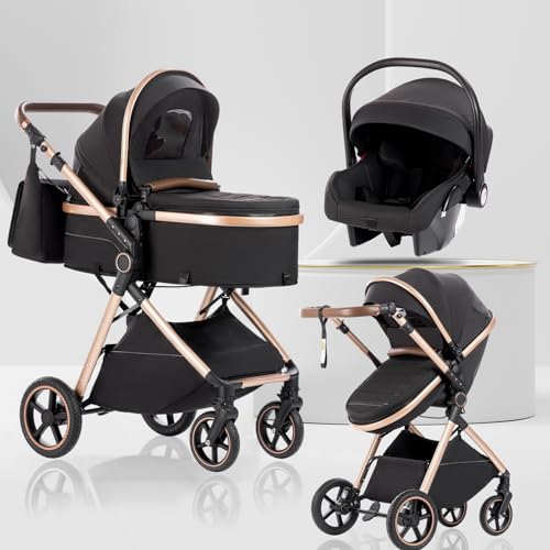 Lnhcrbs Cochecito Bebe 3 Piezas con Capazo, Sistema de Viaje's Capazo es Plegable, Carrito de Bebé Mang es Ajustable, las Ruedas son de Material PU, para 0-3 Años-Negro dorado