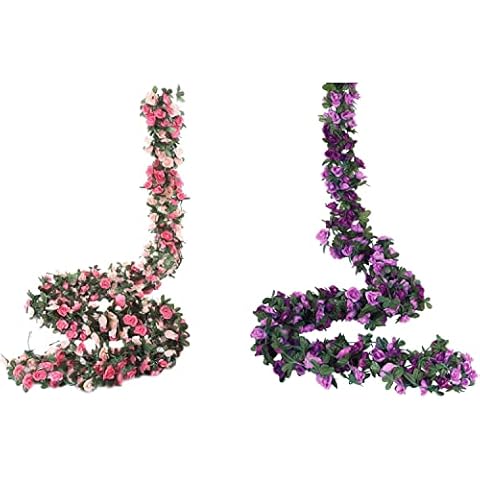 Miracliy 8 pcs 66 FT Flower Garland Fake Rose Vine Artificial Flower Hanging Rose&Miracliy 5 Pack 41 FT Fake Rose Vine Flowers Plants Artificial Flower Cover