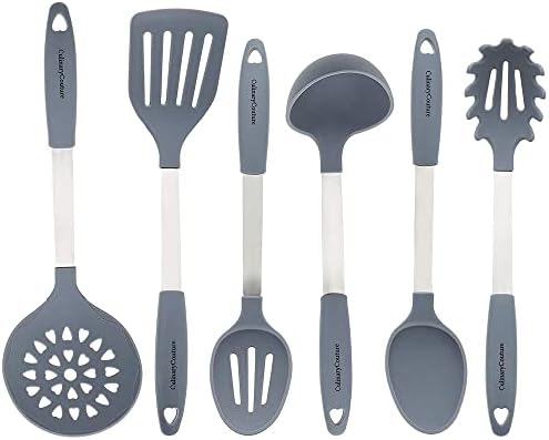 Culinary Couture Orange Cooking Utensil Set - Stainless Steel & Silicone Heat Resistant Professional Kitchen Tools - Spatula, Mixing & Slotted Spoon, Ladle, Pasta Fork Server, Drainer - Bonus Ebook!