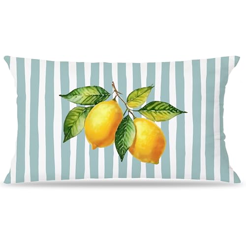 Image of Dusty Mint and Yellow Summer Italian Mediterranean Amalfi Coast Lemon Pillow Cover Decor 12x20,Italian Striped Decorative Throw Pillow Cover Decor for Couch Double-Sided