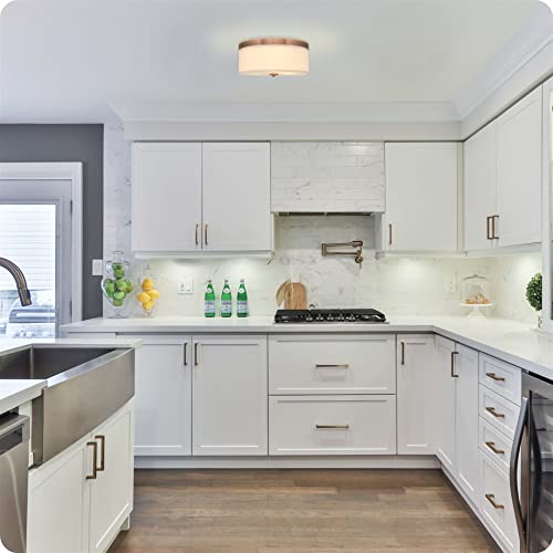 Kira Home Walker 15" Mid-Century Modern 3-Light Flush Mount Ceiling Light, Cream Fabric Shade + Round Glass Diffuser, Copper Bronze Finish #TOP2