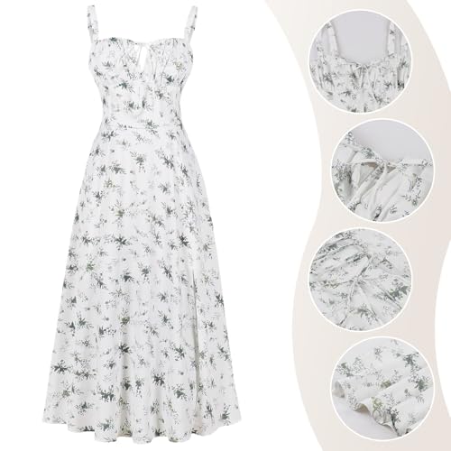 Image of Women Floral Corset Dress 2026 Boho Midi Sundress Summer Dress | Flowy A-Line Dress with Adjustable Spaghetti Straps Lace Up Back Front Slit High Waist for Vacation Wedding Guest