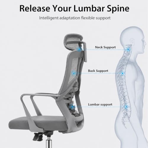 Image of Ergonomic High Back Mesh Office Chair with Headrest - Grey Revolving Executive Desk Chair with Breathable Mesh Back, Fixed Armrest & Chrome Base for Home & Office