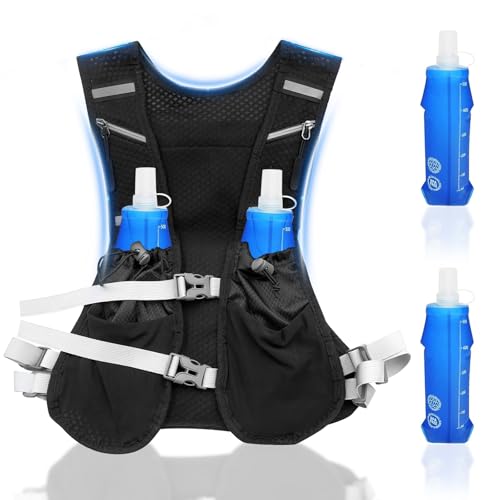 Gilet Running Zaino Idratazione con 2 Borracce Morbide 500ml, Gilet da Corsa Riflettente Regolabile Leggero e Traspirante per Uomo e Donna - per Trail Running, Maratona, Ciclismo, Escursionismo