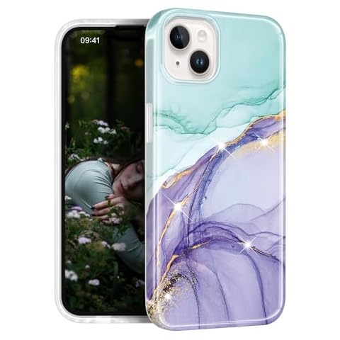 JAHOLAN Designed Case for iPhone 15 Gold Sparkle Glitter Marble Protective Shockproof Slim Drop Protection Soft Cover Phone Case for Girls Women Green Purple Cover