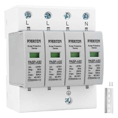 PJERJZN Überspannungsschutz & Überspannungsableiter 230V/275V Typ 1+2 (20-50kA 4P) – Blitzschutz füâ€¦ – Miniatur