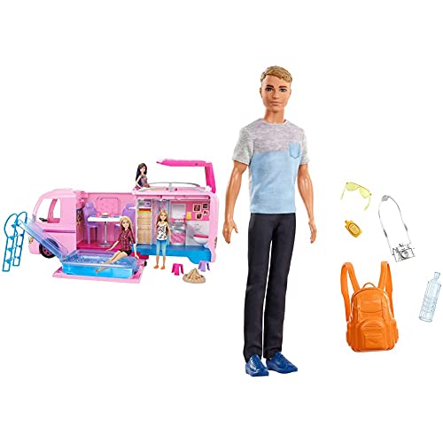 Barbie FBR34 - Super Abenteuer Camper, Puppen Camping Wohnwagen mit Zubehör & FWV17 FWV15 - Reise Ken Puppe mit Rucksack…