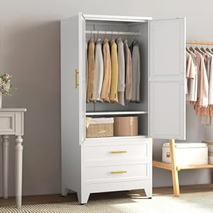 71" Armoire Wardrobe Closet with 2 Doors & 2 Drawers, Metal Storage Cabinet with Drawers and Hanging Rod, Metal Closet Organizers for Home, Office,Gym(White) 71 Armoire Wardrobe Closet with 2 Doors 2 Drawers Metal Storage Cabinet with Drawers and Hanging Rod Metal Closet Organizers for Home OfficeGymWhite
