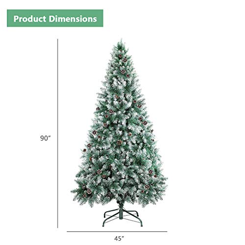 SHareconn 7.5ft Unlit Artificial Hinged Christmas Tree Snow Tree with Pine Cones, 2000 Branch Tips and Metal Stand