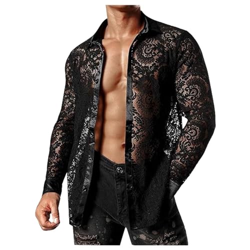 WAZHAKU Chemise transparente pour homme - En dentelle - Manches longues - Boutonnée - Manches longues - Pour les loisirs - Pour homme - Transparent - Pour boîte de nuit - Scène - Fleur - Couleur unie