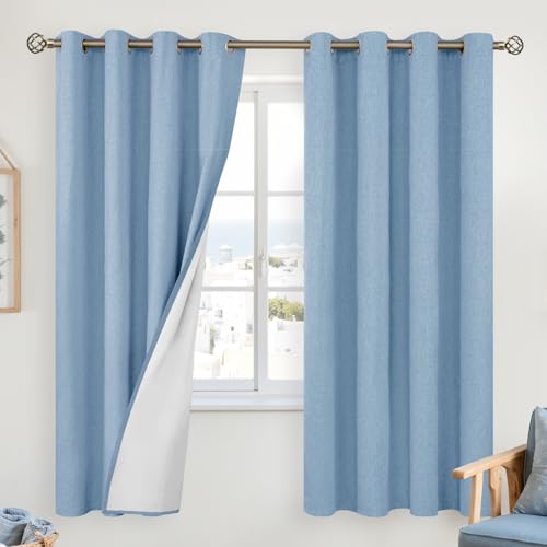Image of YoungsTex Light Blue Linen Blackout Curtains 63 Inches Long, Room Darkening Bedroom Drapes with Grommet Light Blocking for Living Room Thermal Insulated, 2 Panels, 52 X 63 Inch