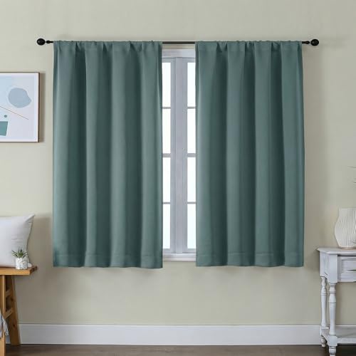 Image of Simplebrand Ava Dark Green Short Blackout Curtains for Bedroom 45 Inches Long 2 Panels Set, Solid Thermal Insulated, Energy Saving Window Treatment Curtains Blackout Drapes, W40 x L45 Inch, Dark Green