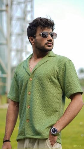 Image of Men's Kint-Textured Half Sleeve Spread Collar Shirt