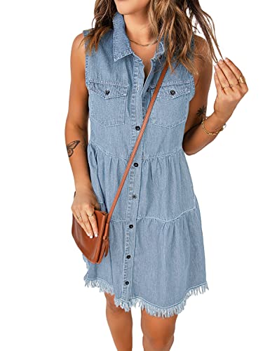 Image of luvamia Women's Casual Summer Lapel Sleeveless Button Down Short Denim Jean Dress