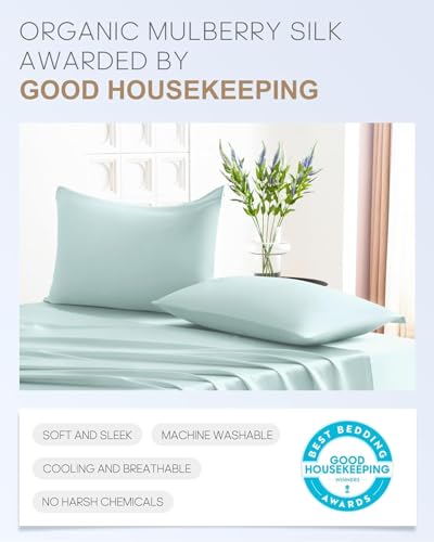 Image of Satin Pillow Covers Set of 2 with 3 Free Random Color Scrunchies - Luxurious, Soft & Smooth Cushion Cases for Skin and Hair Care (Sky Blue)