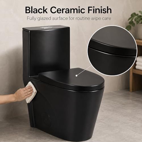 Inodoro de una pieza negro, descarga dual 1,1/1,6 galones por descarga, forma alargada y altura cómoda, asiento de cierre suave, cerámica, montaje en piso miniatura 6