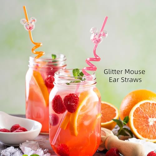 Image of 12 PCS Glitter Mouse Ear Straws, Reusable Spiral Crazy Straws | Straw with Cute Sparkle Ears, Fun Birthday Party Favors for Boys Girls, Cartoon Theme Party Supplies Decorations