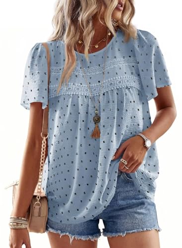 Image of Falechay Womens Summer Tops Crewneck Short Sleeve Shirts Casual Chiffon Blouses Flowy Lace Hem Boho Clothing Trendy 2026