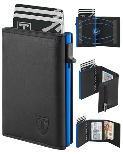 TEEHON Geldbörse Herren mit Münzfach & RFID Schutz, Portmonee Herren für 8-10 Karten, Slim Wallet Geldbeutel für Männer, Leder Kartenetui Klein, Kartenhalter - Schwarz & Blau