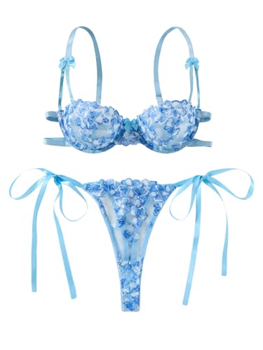 Image of Lilosy Sexy Tie Side Cute Underwire Push Up Strappy Embroidered Mesh Sheer Lingerie Set