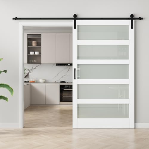Image of 48 inchx84 inch Frosted Glass Barn Door with 8FT Sliding Hardware & Handle, White | Pre-Drill Holes Barn door for Easy Assembly, Solid Wood Sliding Barn Door with Excellent Privacy Protection & Sound Reduction