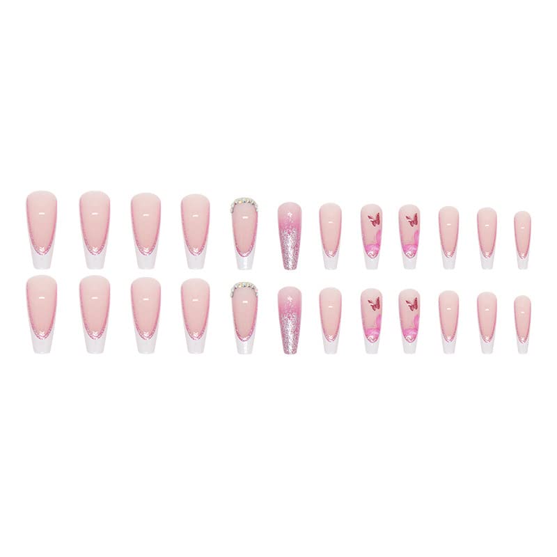 Miniatura 4 de 24 uñas postizas largas a presión de mariposa rosa, uñas postizas blancas francesas con diseños de diamantes de imitación brillantes, uñas acrílicas
