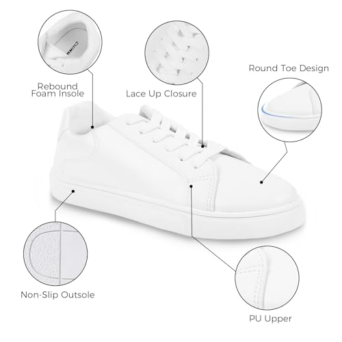 CHIN·MOON Women's Fashion Sneakers White PU Leather Casual Shoes Low Top Lace Up Tennis Sneakers2