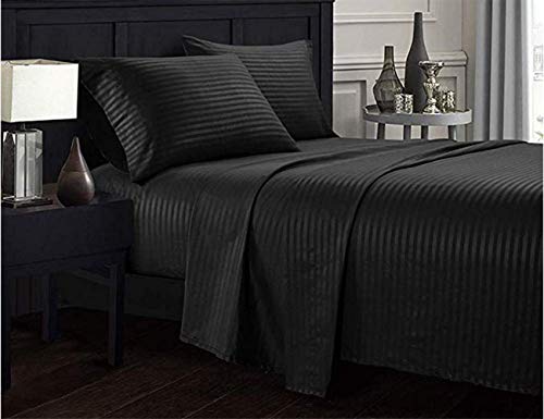 Apsley Linen Damask Stripe Egyptian Cotton 4-PCs Sheet Set Fits Mattress 15-18'' Deep Pocket Luxury Bedding Set High Thread Count Long Staple Sateen Weave Silky Soft Breathable (King, Black)