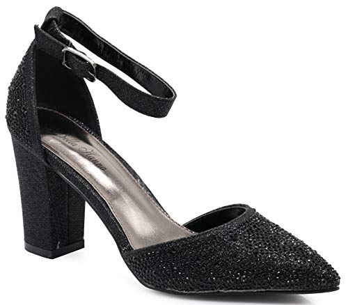 Enzo Romeo Ivka Women's Pointy Toe High Mid Chunky Block Heel Sexy Ankle Strap Sandals Ballerina Dress Pump Ballet Wedding Patent Harlow Pump Shoes (10 B(M) US, Black Rhinestone)