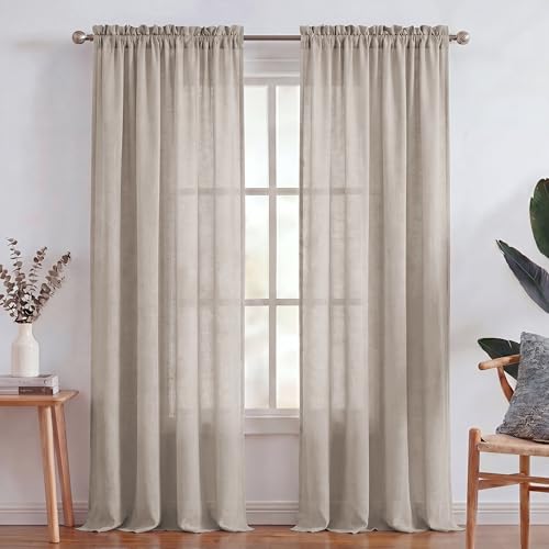 Turquoize Linen Sheer Curtains Natural Linen Semi Sheer Curtains White 96 Inches Long Light Filtering Burlap Curtain 2 Panels Rod Pocket Window Treatments Panels/Drapes, Privacy Assured, Tau