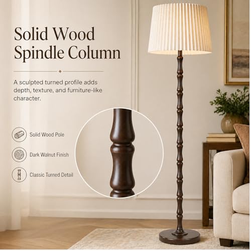 Image of Real Wood Floor Lamp with Dual Lampshades, Sculptural Spindle Standing Lamp with Foot Switch, Modern Farmhouse Dimmable Floor Lamp for Living Room, Bedroom, Reading Corner & Cozy Home Decor