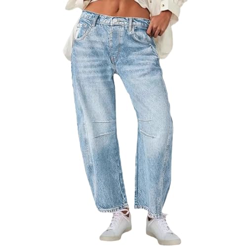 Women's Baggy Barrel Jeans Washed Baggy Denim Pants Y2k Wide Leg Horseshoe Jeans with Pockets