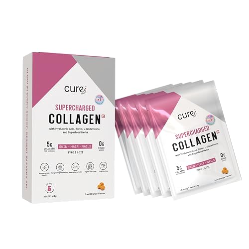 Image of Supercharged Collagen Powder Pack of 5 x 8g | Type I and III Collagen Peptides with Biotin L-Glutathione Sea Buckthorn | Skin Hair Nails Support |Orange | Men and Women