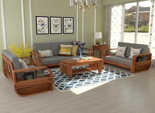 Image of Wooden 7 Seater Sofa Set for Living Room | Seven Seater Sofa for Office & Lounge | 3+2+2 Seater Sofa Sets for Home | Sheesham Wood (3+2+2 Seater,Honey Finish)