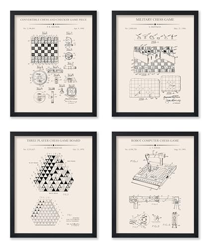 Poster Master 4-Piece Chess And Checkers Game Blueprint Poster - Convertible Chess And Checkers Game Patent Print - Technical Drawing Art - Great Office or Kid's Room Decor - 8x10 UNFRAMED Wall Art