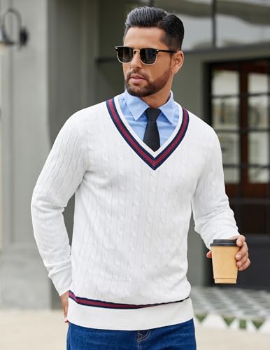 COOFANDY Mens V Neck Sweater Long Sleeve Cable Knit Sweater Fall Winter Pullover Slim Fit Stretchy Fabric Preppy Style3