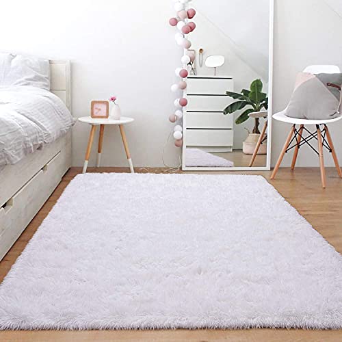 Image of AROMICK Modern Polyester Anti Slip Shaggy Fluffy Rug and Carpet for Living Room, Bedroom & Dining Room (4 x 6 Feet, White)