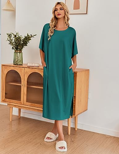 Image of Ekouaer Women's Nightgown Short Sleeve Sleepshirt Long Loungewear Casual Maxi Lounge Dress House Dresses with Pockets