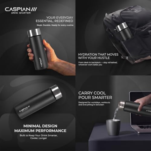 Image of Caspian H2O Customised Stainless Steel Water Bottle 500ml,Black with Logo Print - Personalised Water Bottle with Your Name Print for Kids Boys Girls School Office Gym- Perfect for Corporate Gifting