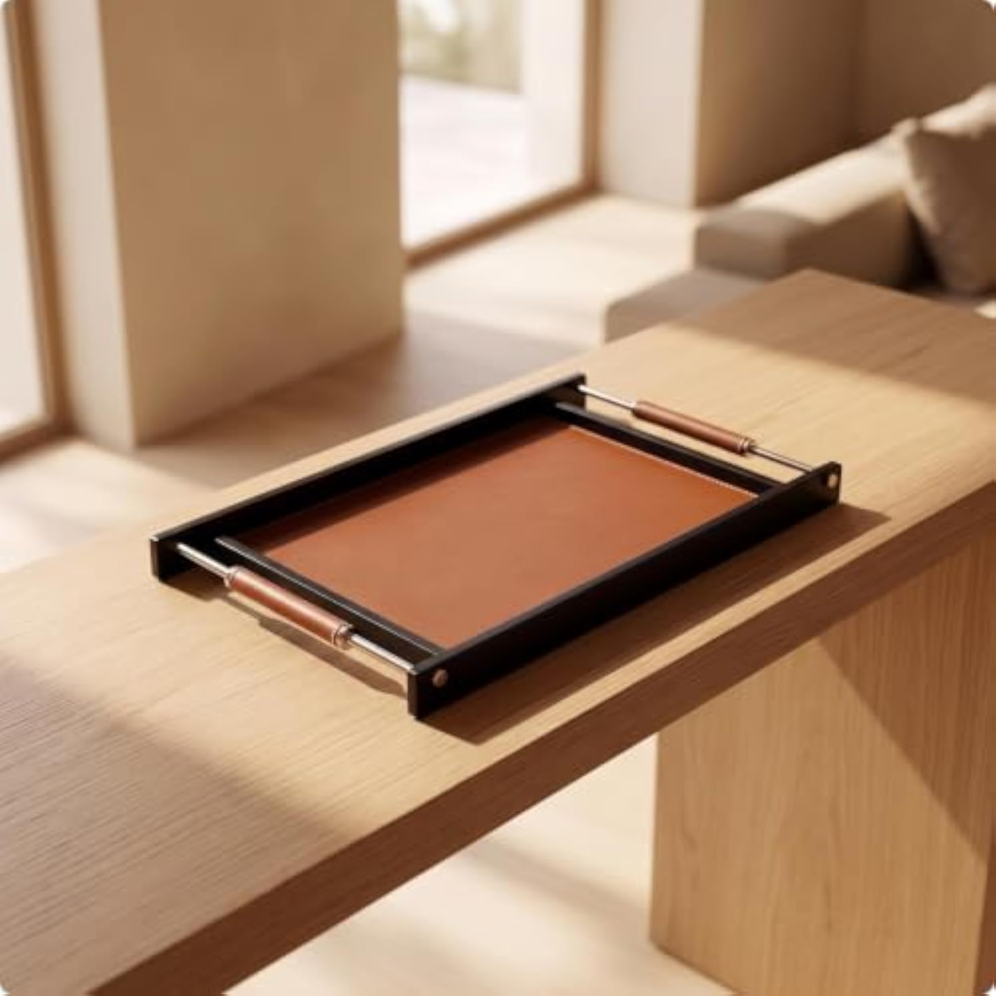 Versatile Tray with Leather Handles, Low-Profile Design