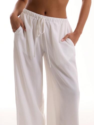 Image of Womens Linen Pants Wide Leg Loose Swimsuit Coverups Summer Pants Beach Vacation Outfits