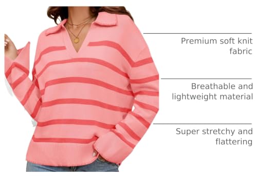 Image of MEROKEETY Women's 2024 Fall Oversized Striped Sweater Collared V Neck Long Sleeve Trendy Knit Pullover Tops