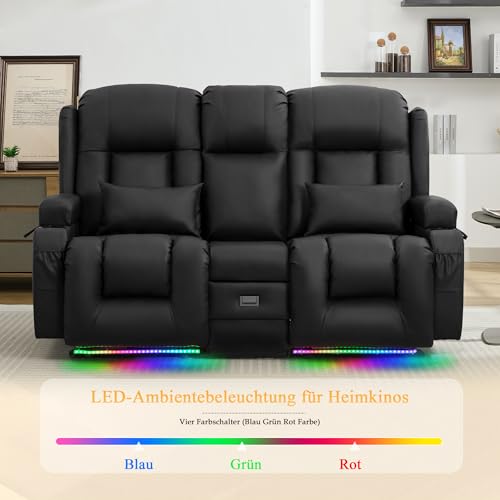 LIFTSHA Zweisitzer Relaxsessel mit Liegefunktion, Fernsehsessel Elektrisch Verstellbar mit Heizung & Vibrierende Massage, TV Sessel Heimkino Sitze mit Multimedia Mittelkonsole, Kunstleder, Schwarz – Bild 7