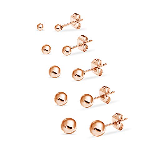 Stainless Steel Round Ball Studs Earrings 5 Pair Set Assorted Sizes Rose Gold Tone