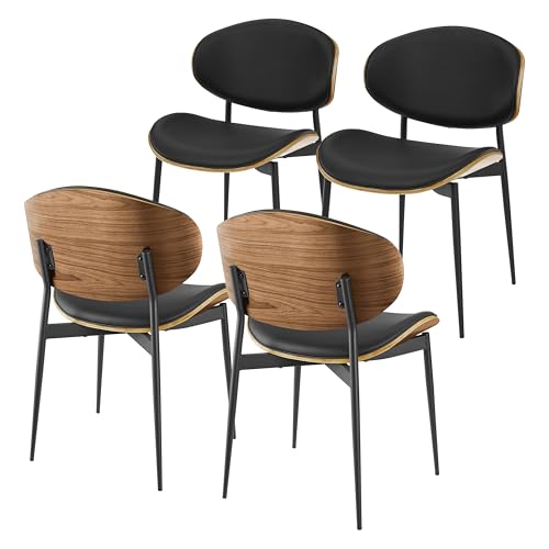 Art Leon Genuine Leather Dining Chairs Set of 4, Mid Century Modern, Upholstered Kitchen Dining Room, Armless Accent with Walnut Bendwood, Brown