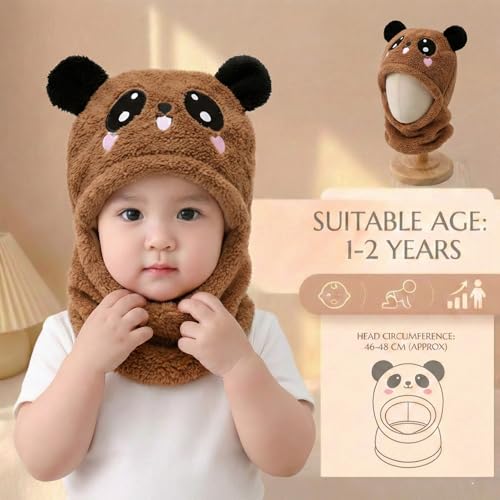 Image of Kraptick Winter Kids Monkey Cap - Cute Panda Plush Balaclava Hat with Neck Warmer Scarf Soft Woolen Fleece Lined Windproof Earflap Hood for Babies -3